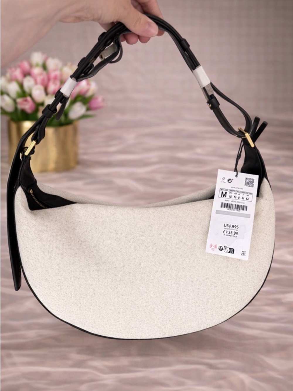 NWT - Zara Cream Canvas Shoulder Bag with Black Trim